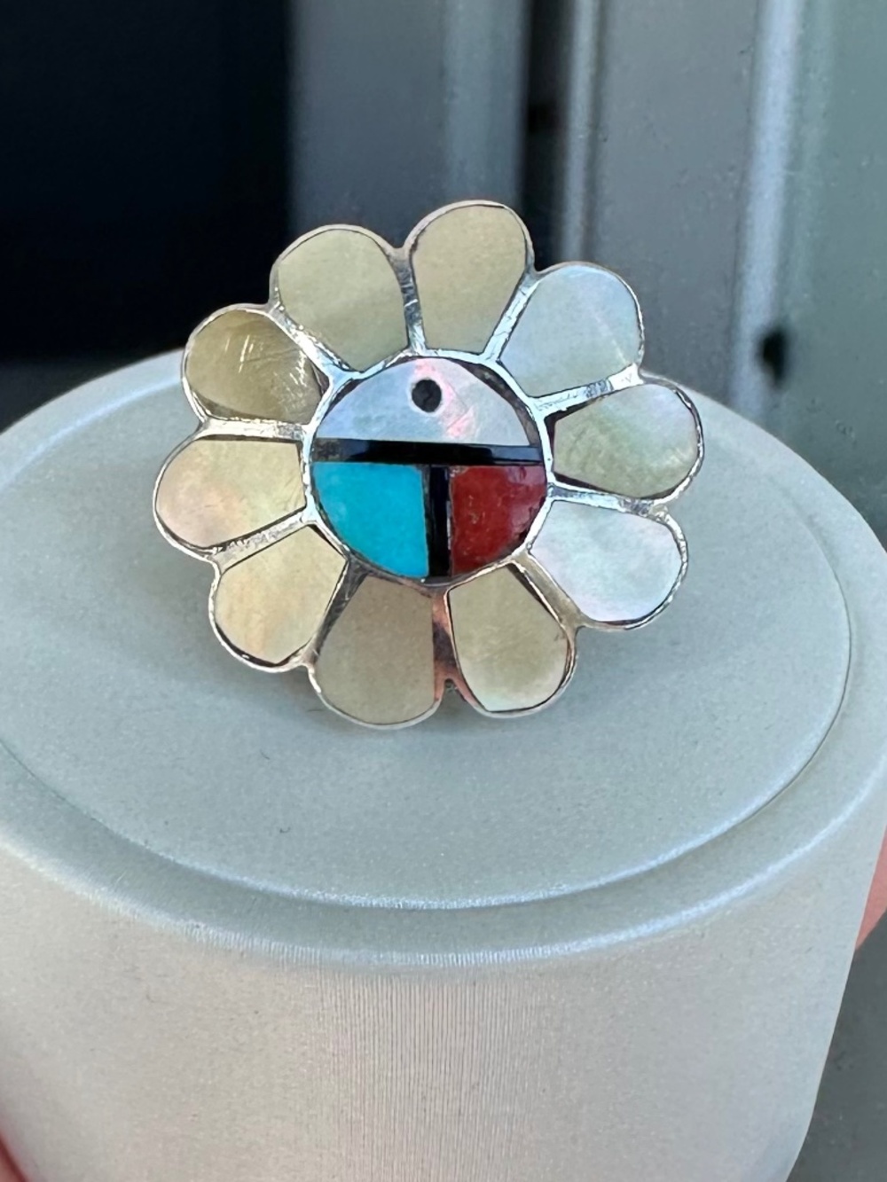 Signed A Gasper Zuni Sunface MOP Coral Turquoise Inlay 925 Silver Ring Sz 6
